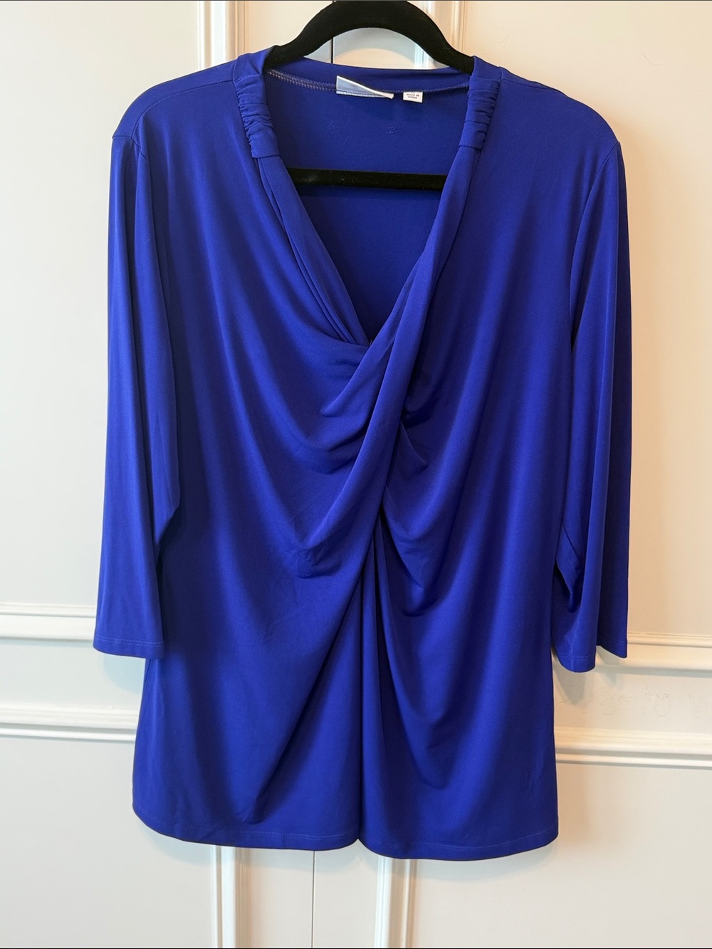Susan Graver Draped V-Neck Long Sleeve Blouse - Cobalt Blue